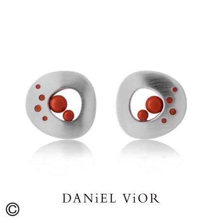 Earrings OFUGO Synthetic Coral Red Enamel S (Ag.925)